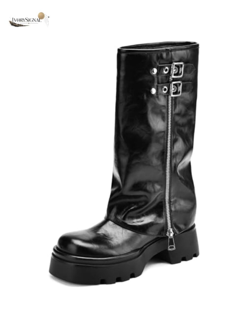 Women's Knee High Foldover Moto Riding Boots with Block Heel, Faux Leather